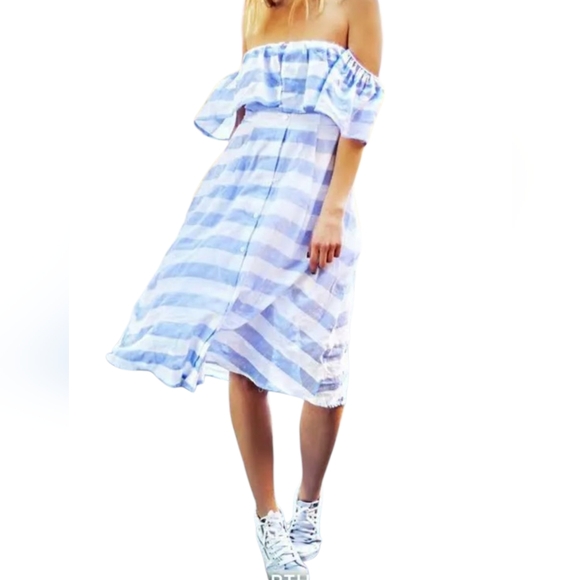 Lulus Transatlantic Voyage Blue and Ivory Striped Midi Dress Off The‎ Shoulder L - Picture 15 of 16